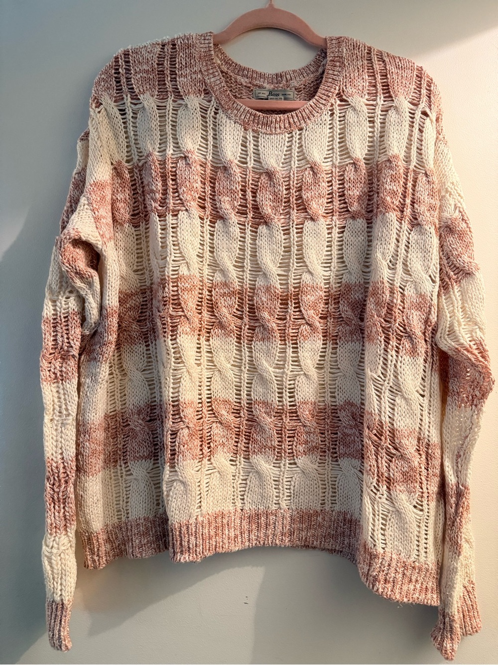 Bass Cream and Dusty Rose Open-Knit Cable Sweater
